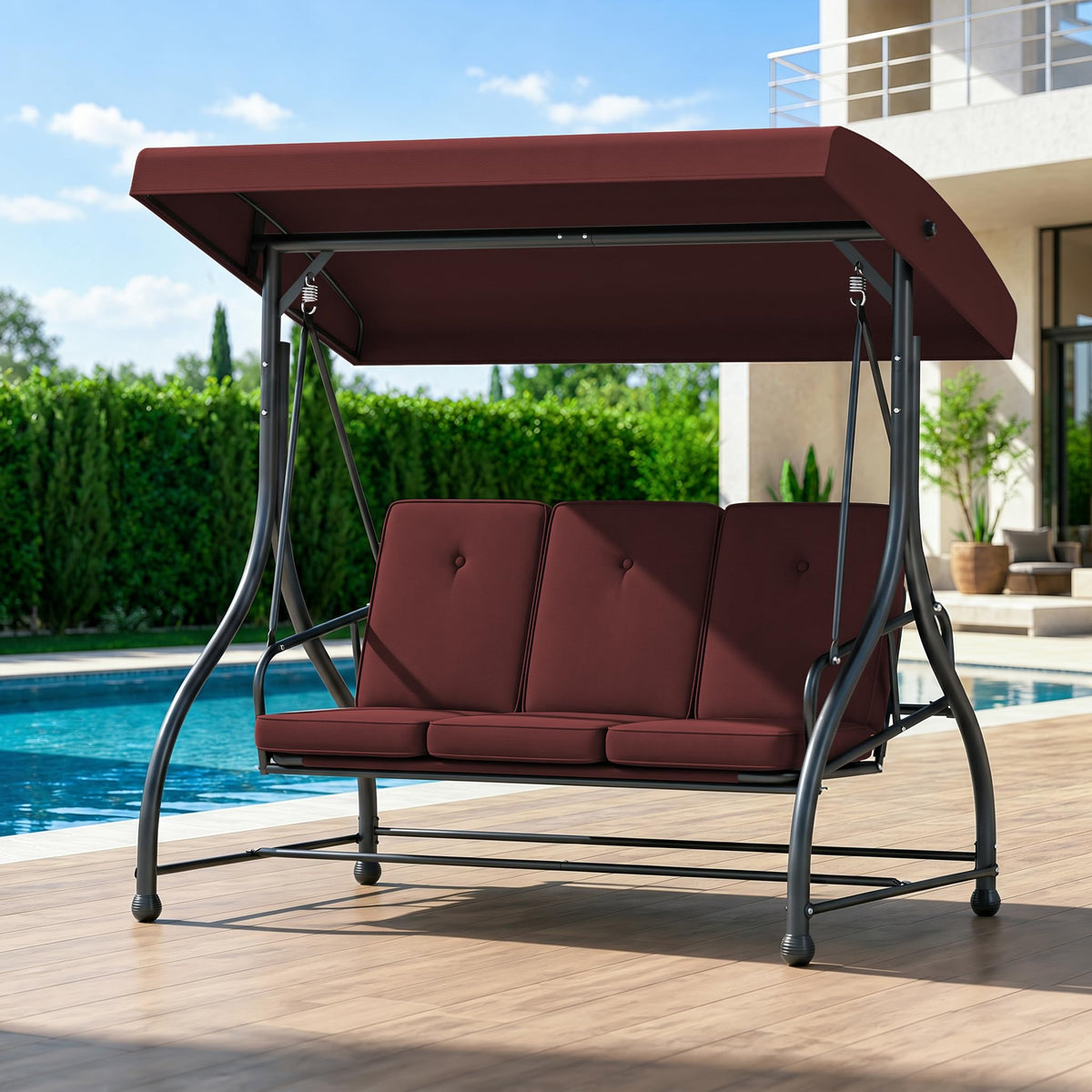 FUNG YARD front view brown swing showing seating and canopy benefits