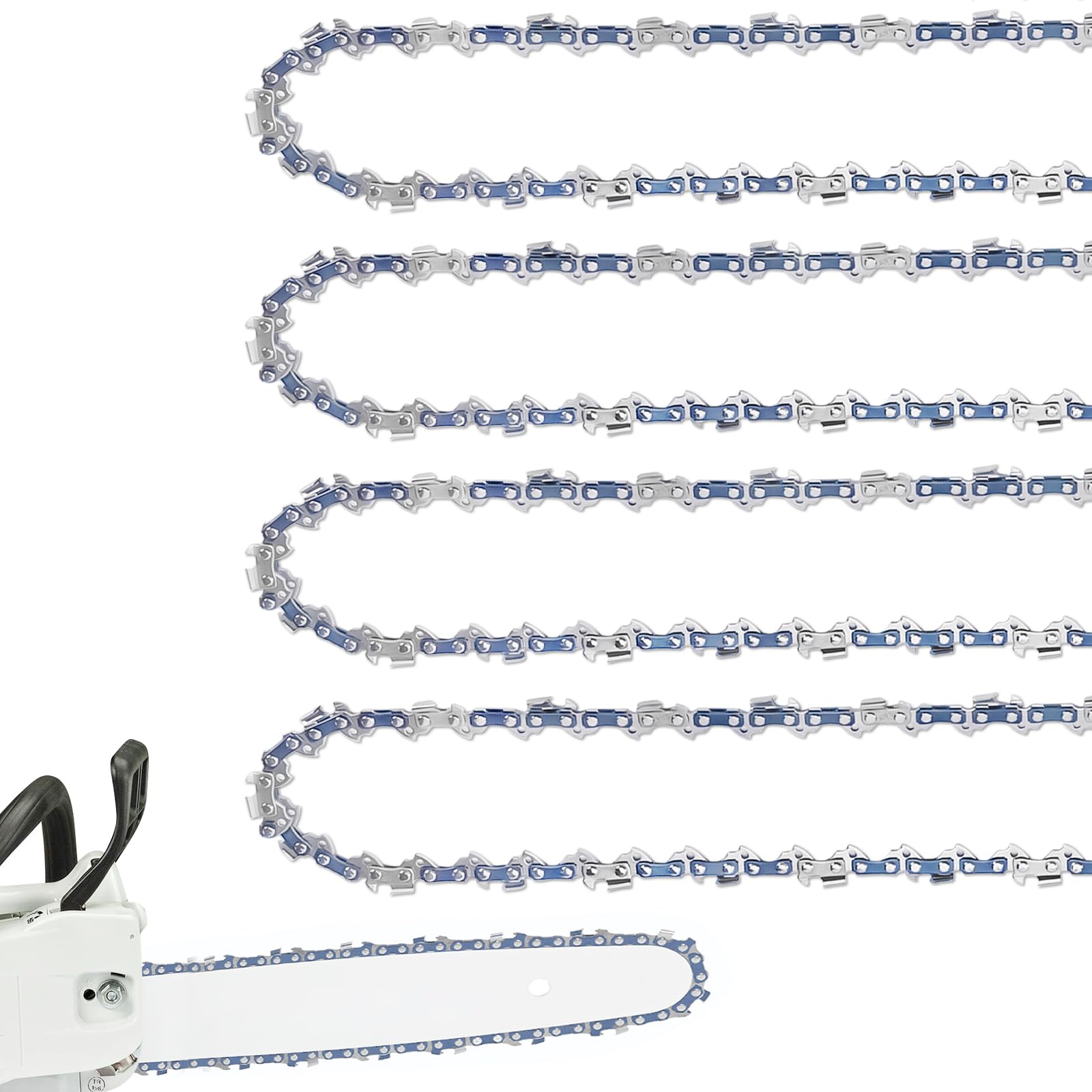 FUNKYWOO front view of 4-pack 18-inch chainsaw chains showing packaging and quantity benefit