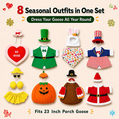 Funle goose wearing patriotic outfit on porch adding festive curb appeal