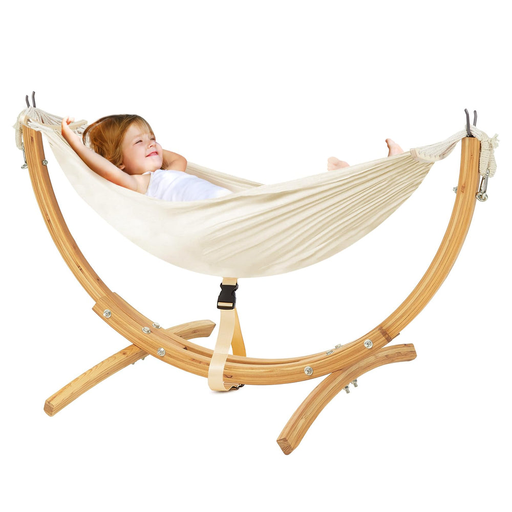 FUNLIO front view of assembled kids hammock showing stable frame and cozy bed