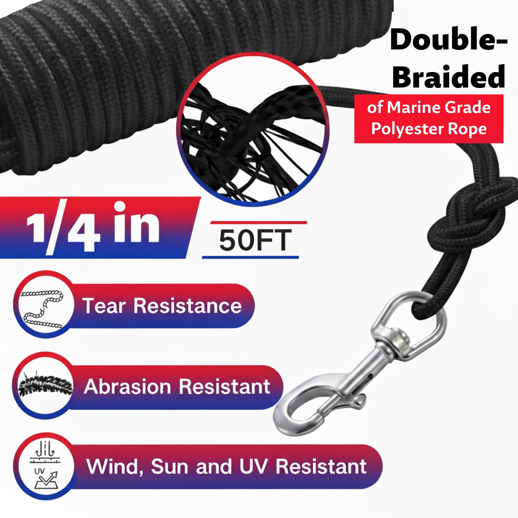 FUNNANS close-up of double-braided polyester halyard showing durability benefit