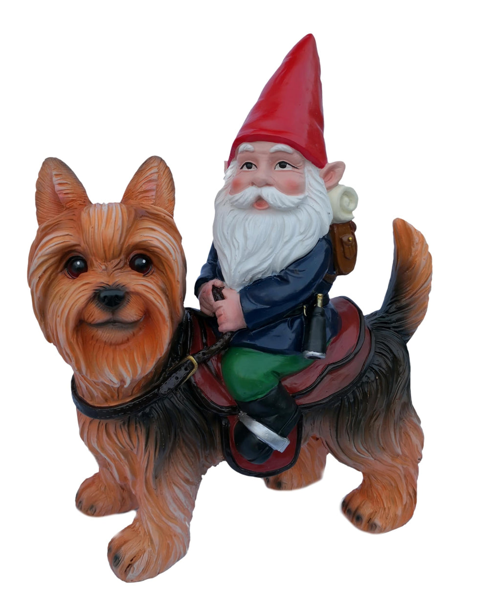 Funny Guy Mugs gnome riding Yorkie front view showing whimsical character and durable finish