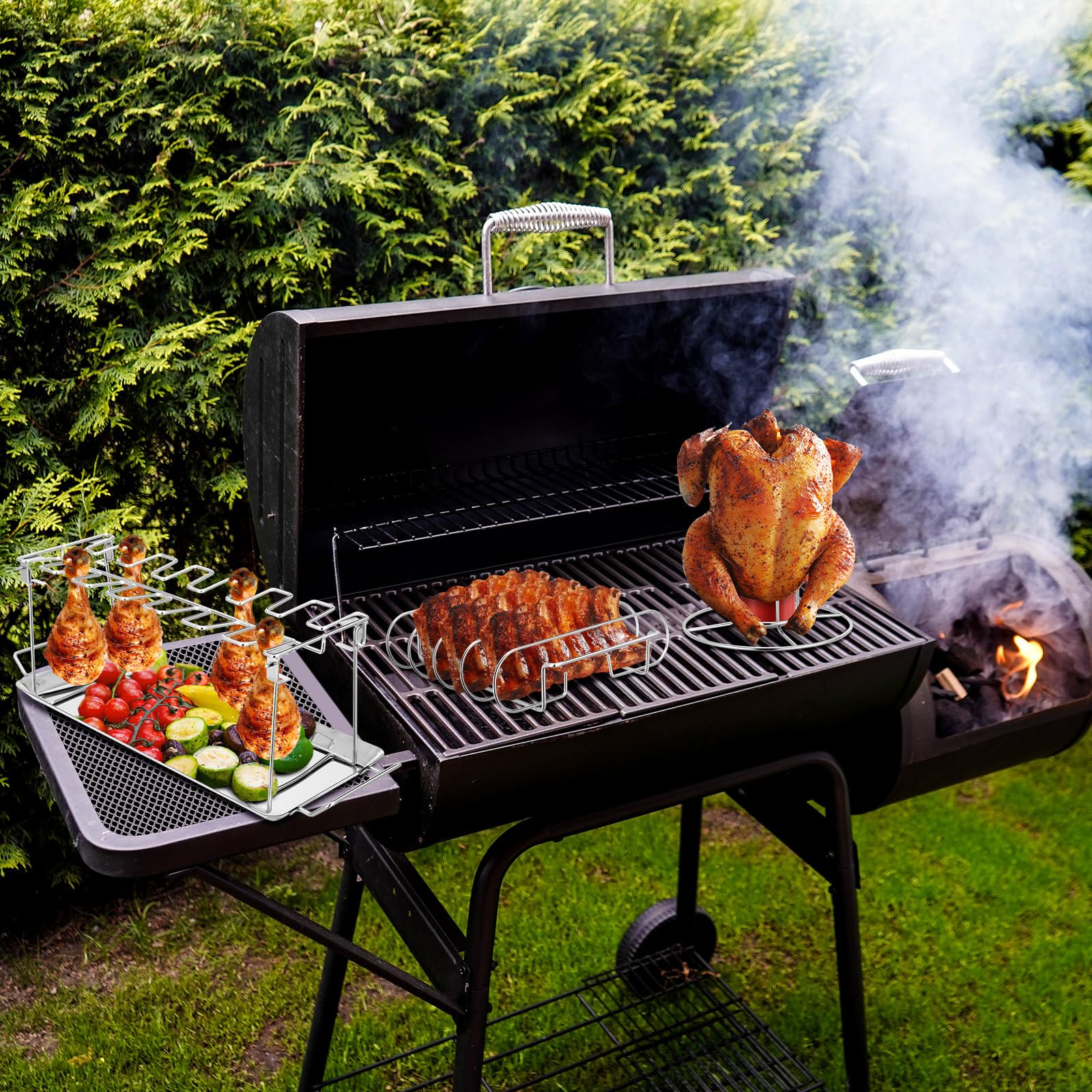 Funnymoom chicken leg rack loaded with drumsticks saves grill space