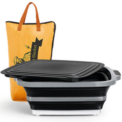 Funnymoom front view of full prep set showing tub, lid, cutting board and blanket for organized grilling