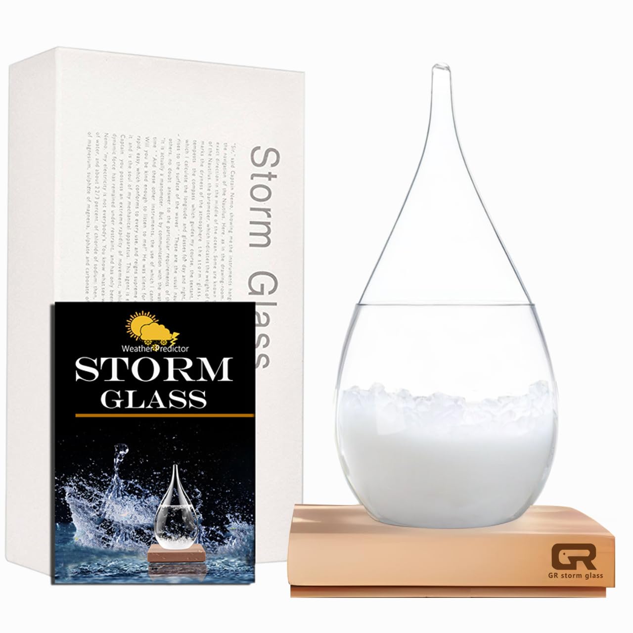 FUNOHYE storm glass front view showing elegant bottle and visible crystals