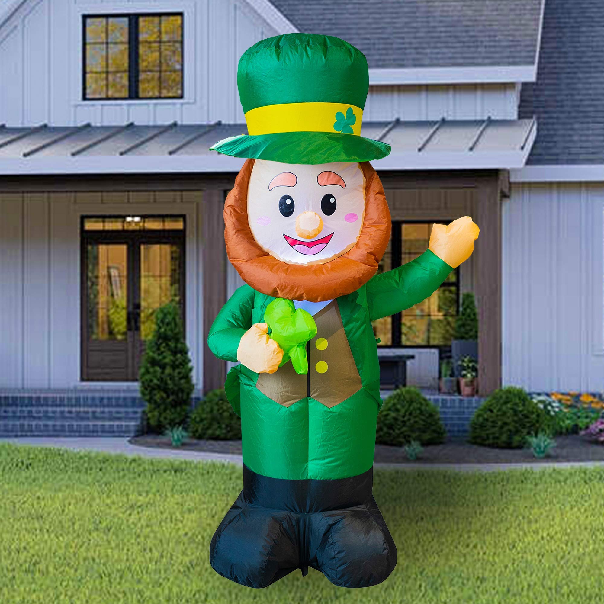 FUNPENY inflatable leprechaun staged on lawn adding festive holiday curb appeal