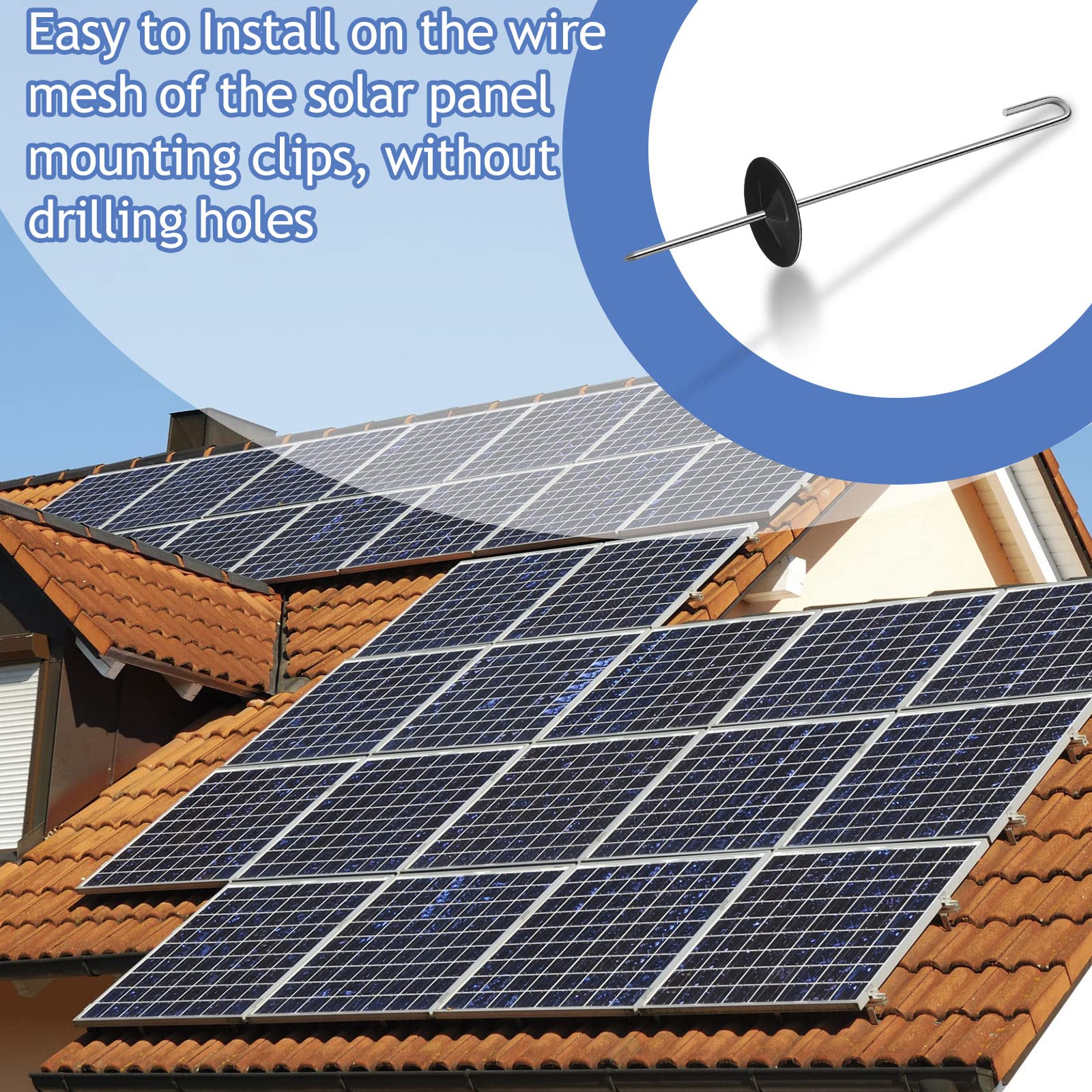 Funrous clips installed on solar panel edge preventing animal access