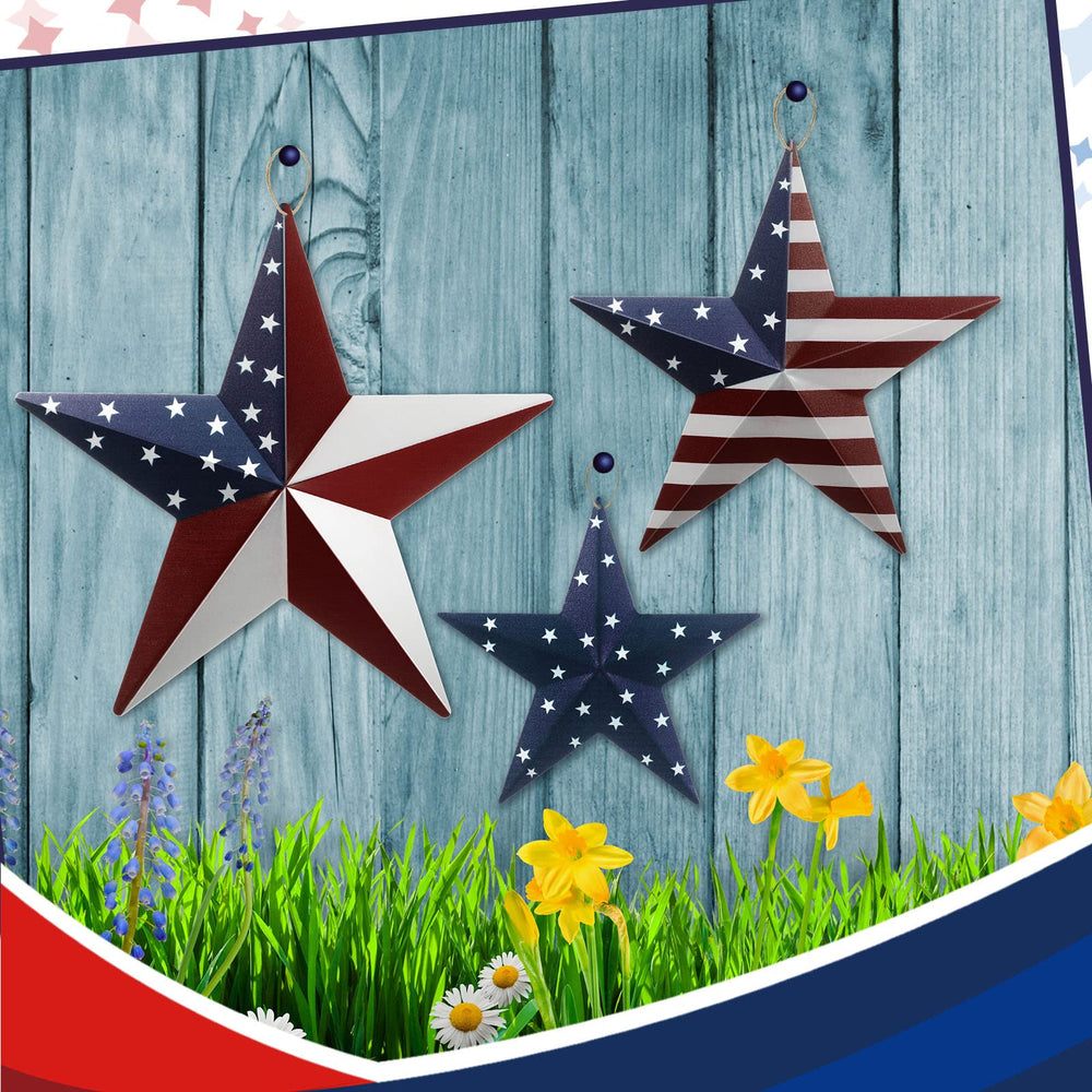 Funrous stars arranged on mantel to add farmhouse patriotic decor