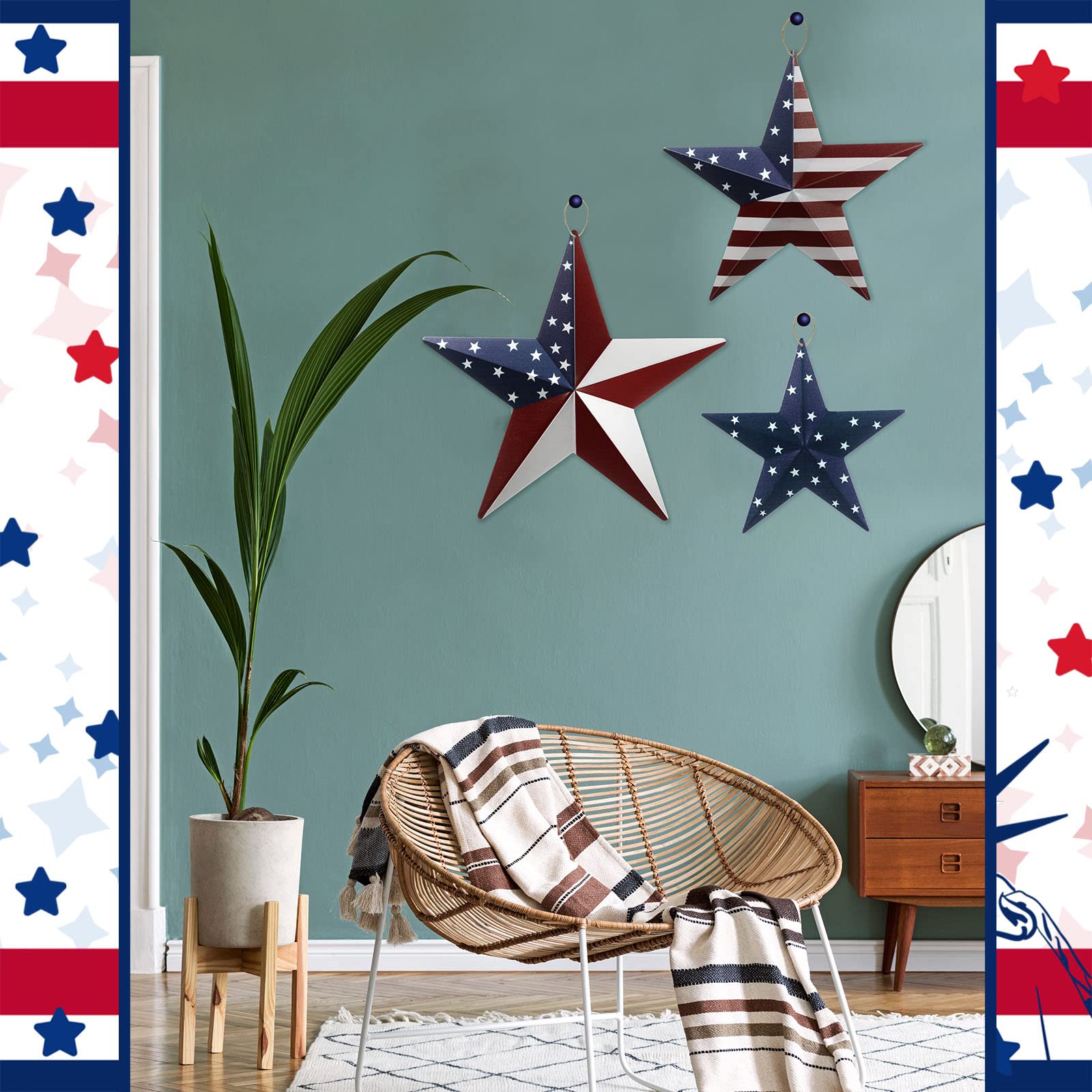 Funrous stars hung on porch evoking patriotic curb appeal and welcoming tone