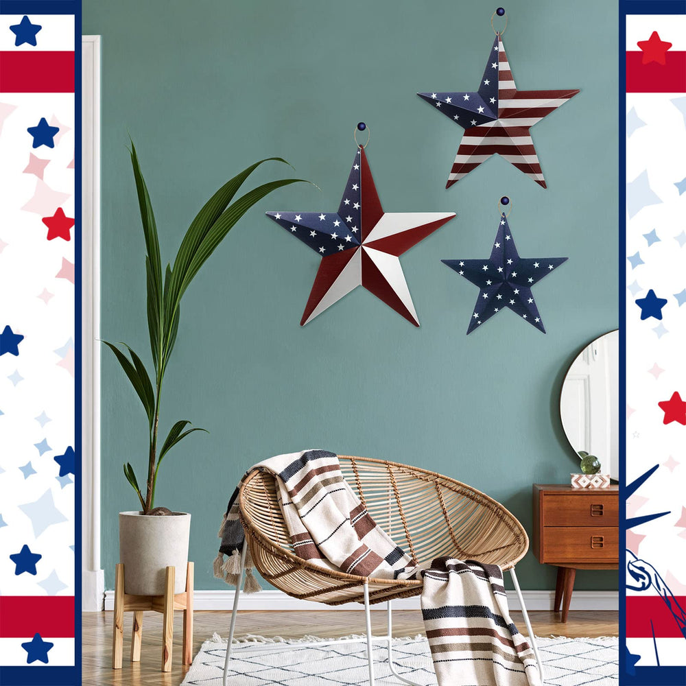 Funrous stars hung on porch evoking patriotic curb appeal and welcoming tone