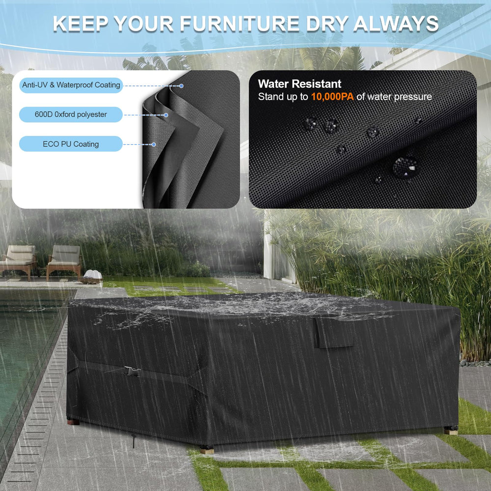 Funshot cover on outdoor dining table, rain protection benefit