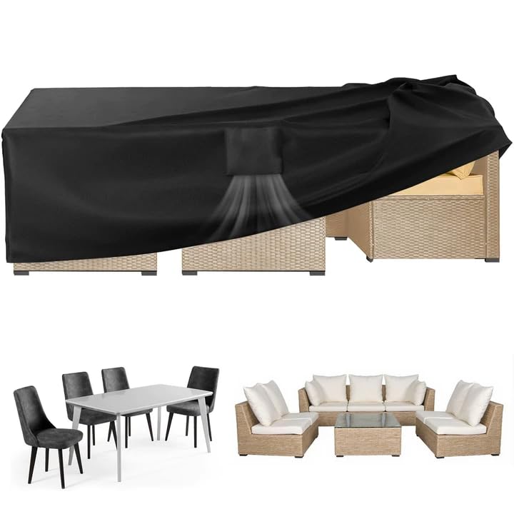 Funshot front view showing full cover protecting a sectional, weather protection benefit