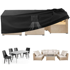 Funshot front view of rectangular table cover protecting patio table and benefiting longevity