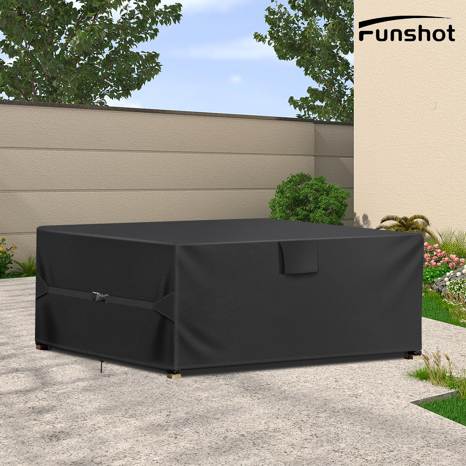 Funshot cover on patio in backyard setting, all-season protection benefit