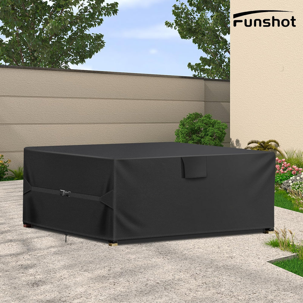 Funshot cover on patio in backyard setting, all-season protection benefit