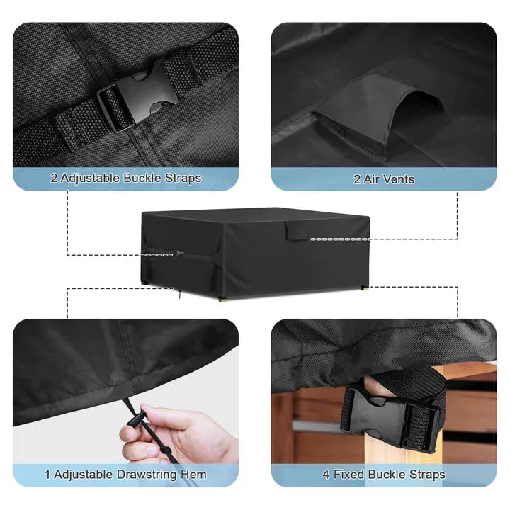 Funshot measuring tape beside cover illustrating 108x82x28 inch fit guidance