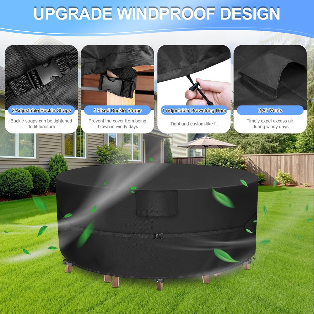 Funshot photo of snap and adjustable strap securing cover against wind