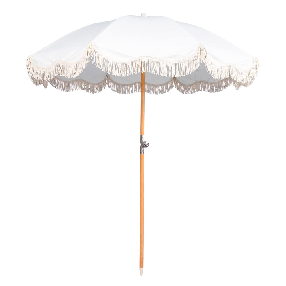 Funsite front view fringe umbrella showing full canopy and shade benefit