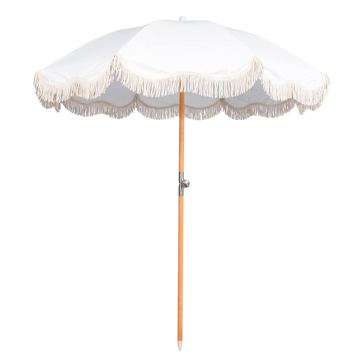 Funsite front view fringe umbrella showing full canopy and shade benefit