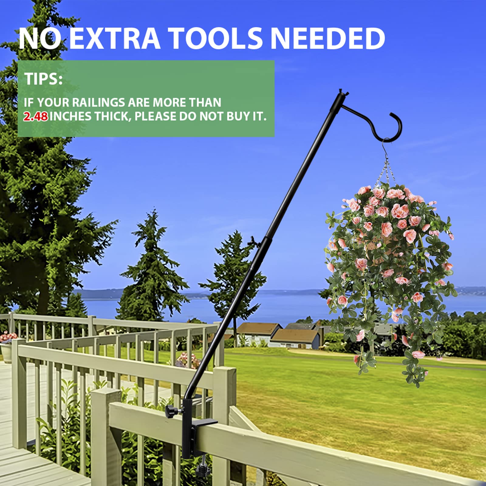 Funtife hanger next to ruler for scale, illustrating 30-inch reach and fitting specs