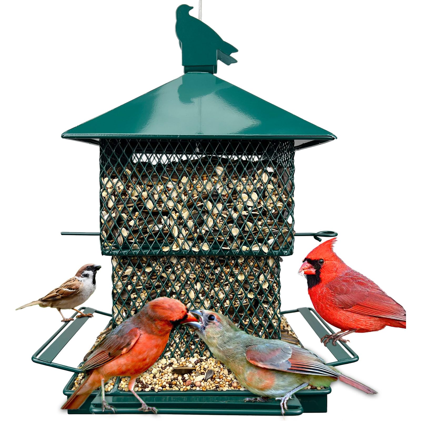 FUNWILDLIFE front view showing full feeder and 360° perches for more birds