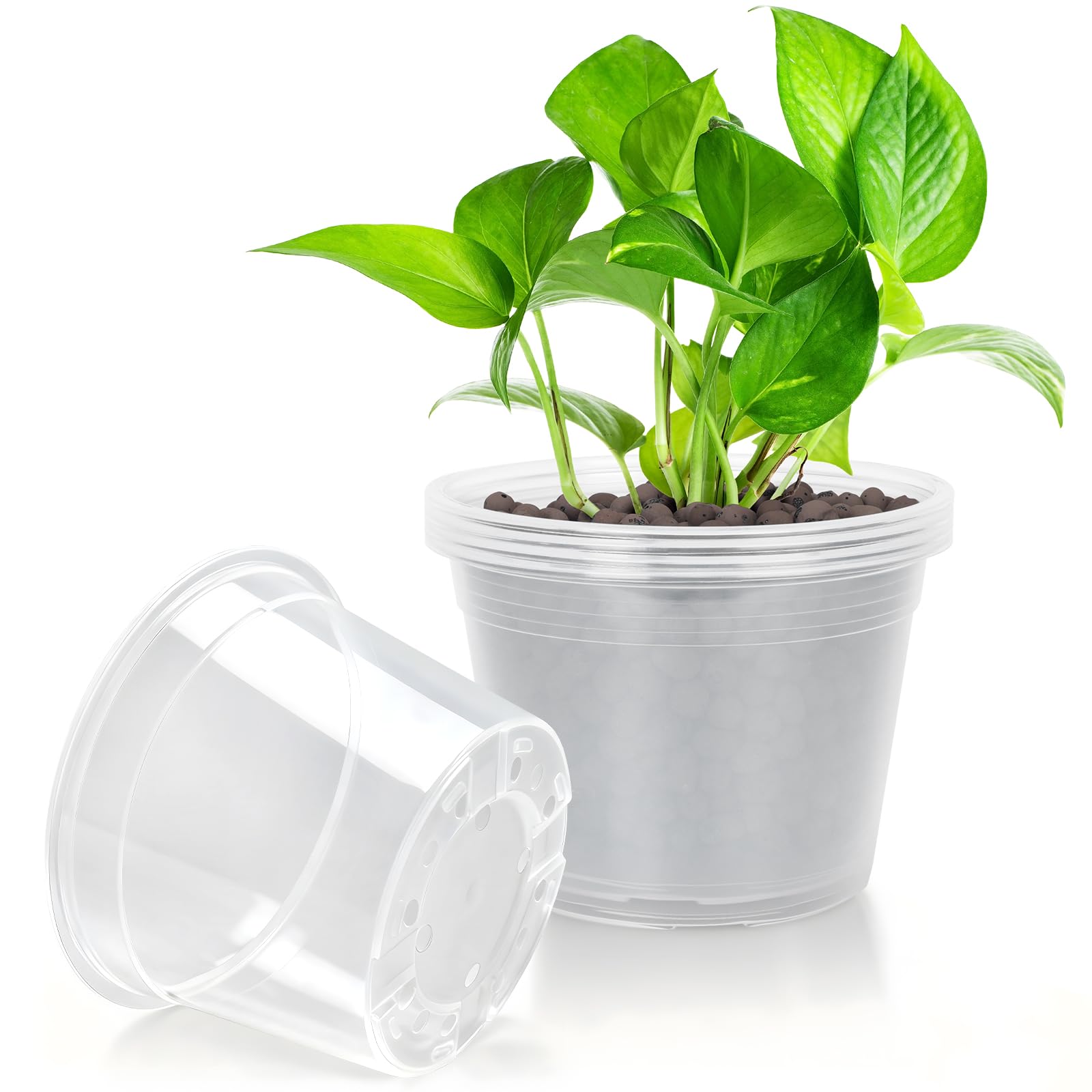 FUOAUYK front view of 10-inch clear nursery pot showing size and shape with easy handling benefit