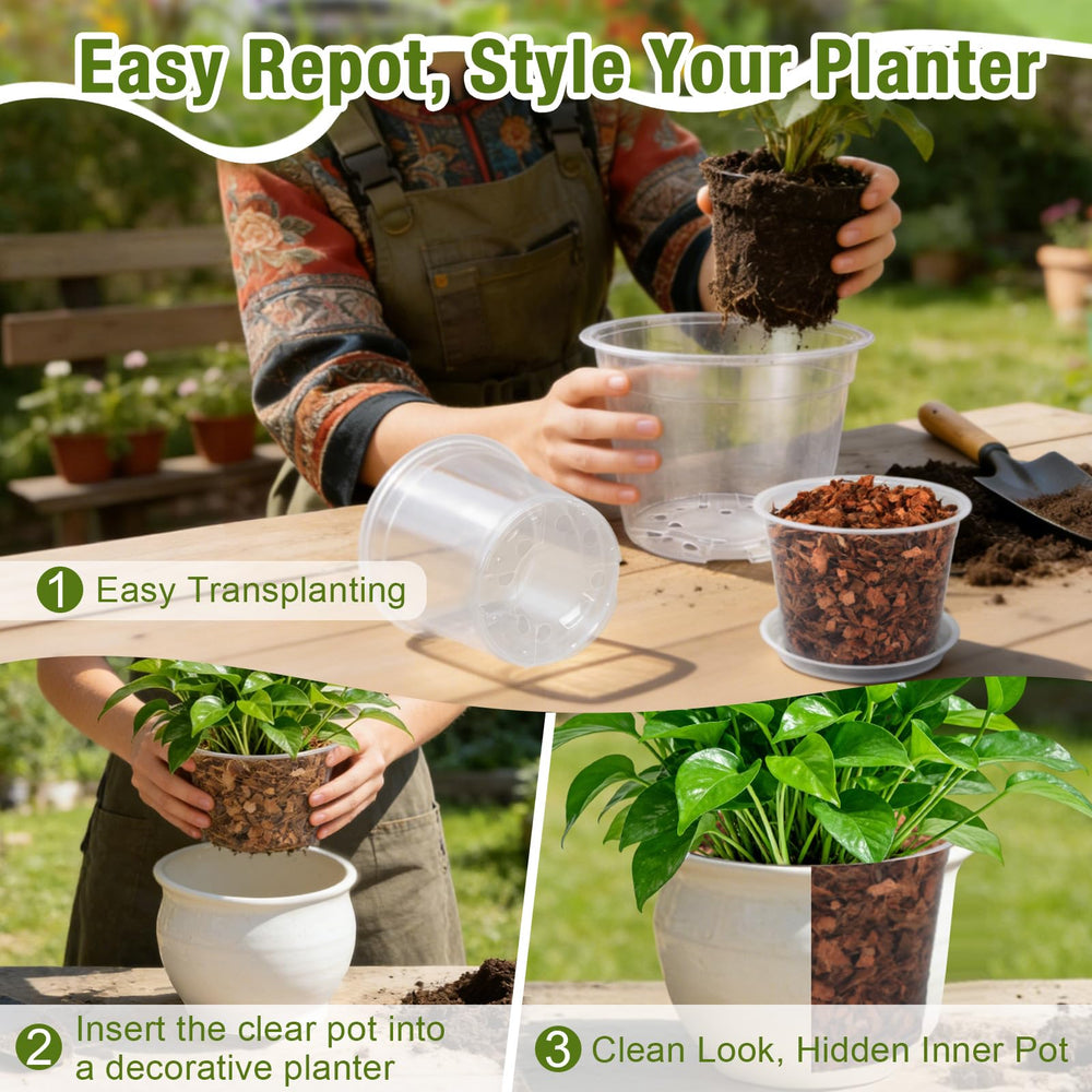 FUOAUYK clear pot used as liner in decorative planter for tidy appearance