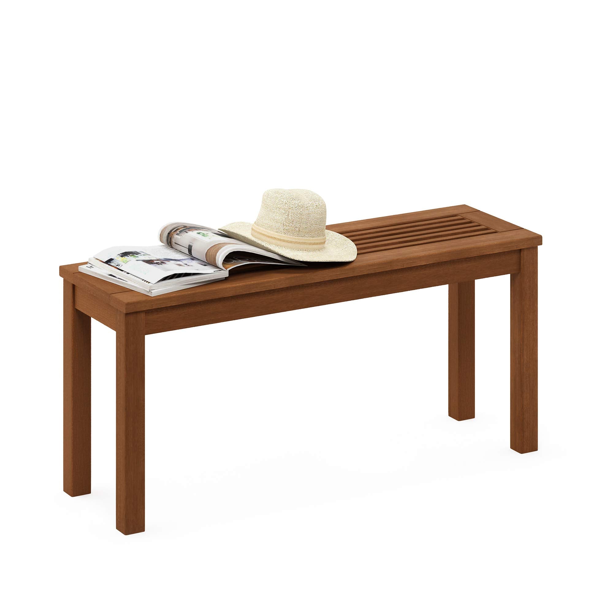 Furinno bench front view showing compact patio seating and natural appeal