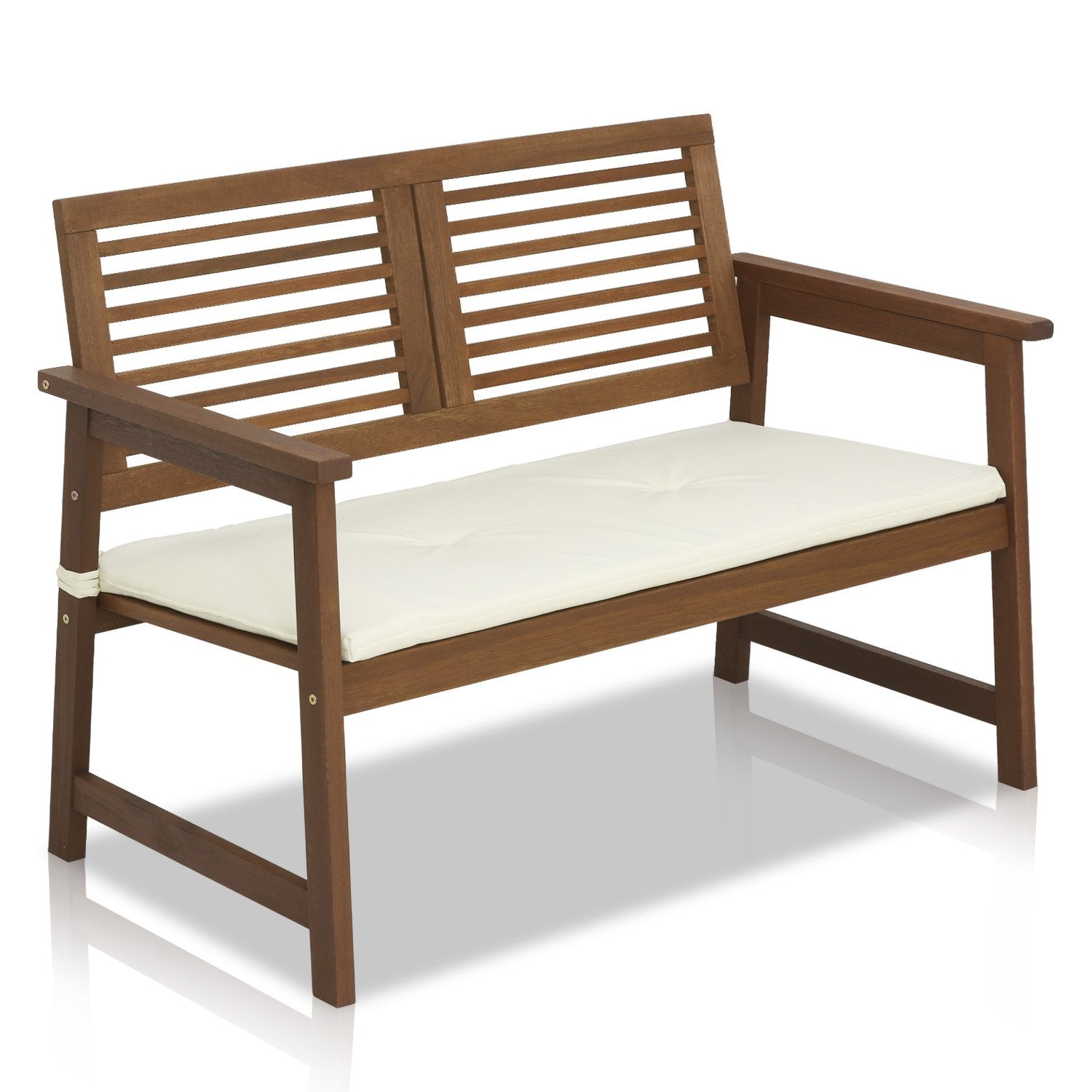 Furinno TIOMAN bench front view showing natural wood and backrest comfort