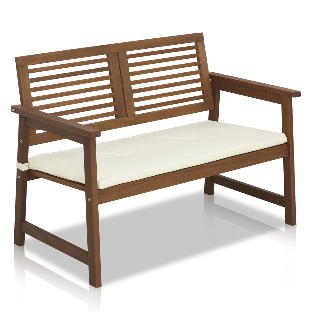 Furinno TIOMAN bench front view showing natural wood and backrest comfort