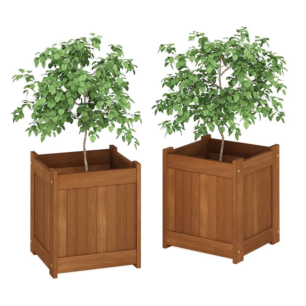 Furinno Tioman front view of two planter boxes showing natural finish and curb appeal
