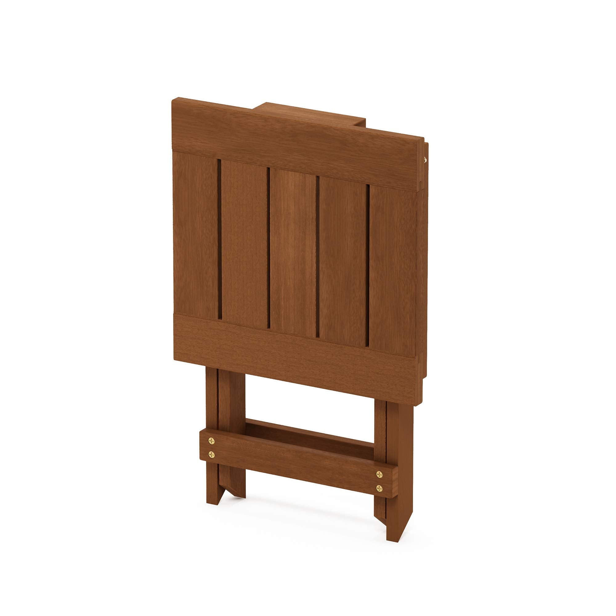Furinno TIOMAN label and teak-oil finish showing weather-resistant treatment