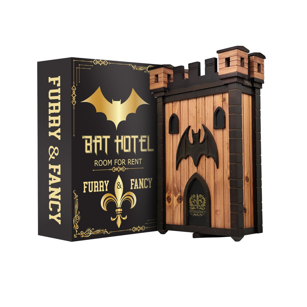 Furry & Fancy front exterior gothic bat house showing decorative castle look and curb appeal