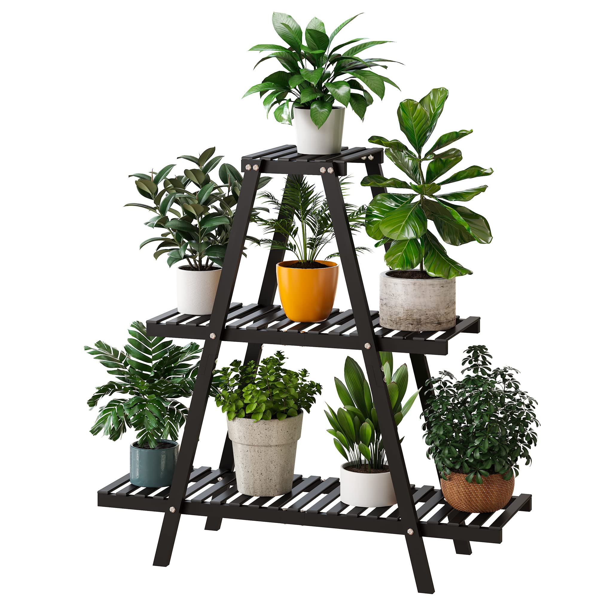 Furshus front view of 3-tier plant stand showing neat pot display and space-saving benefit