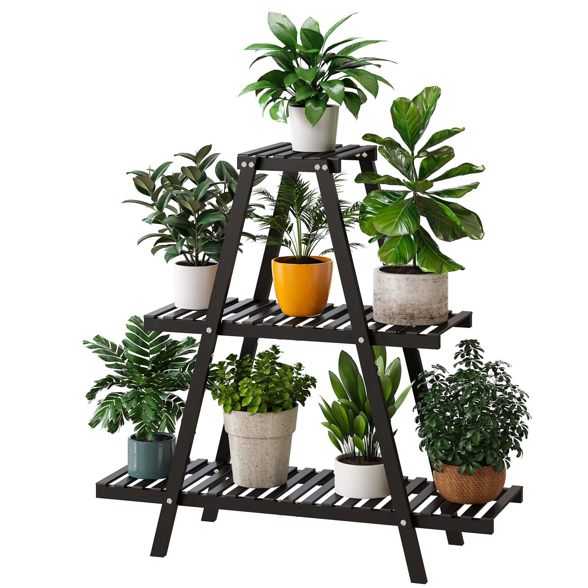 Furshus front view of 3-tier plant stand showing neat pot display and space-saving benefit