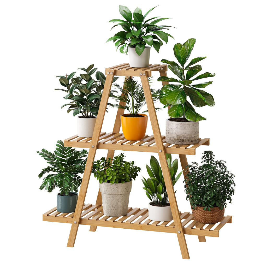 Furshus front view showing three-tier ladder and neat plant display benefit: saves floor space