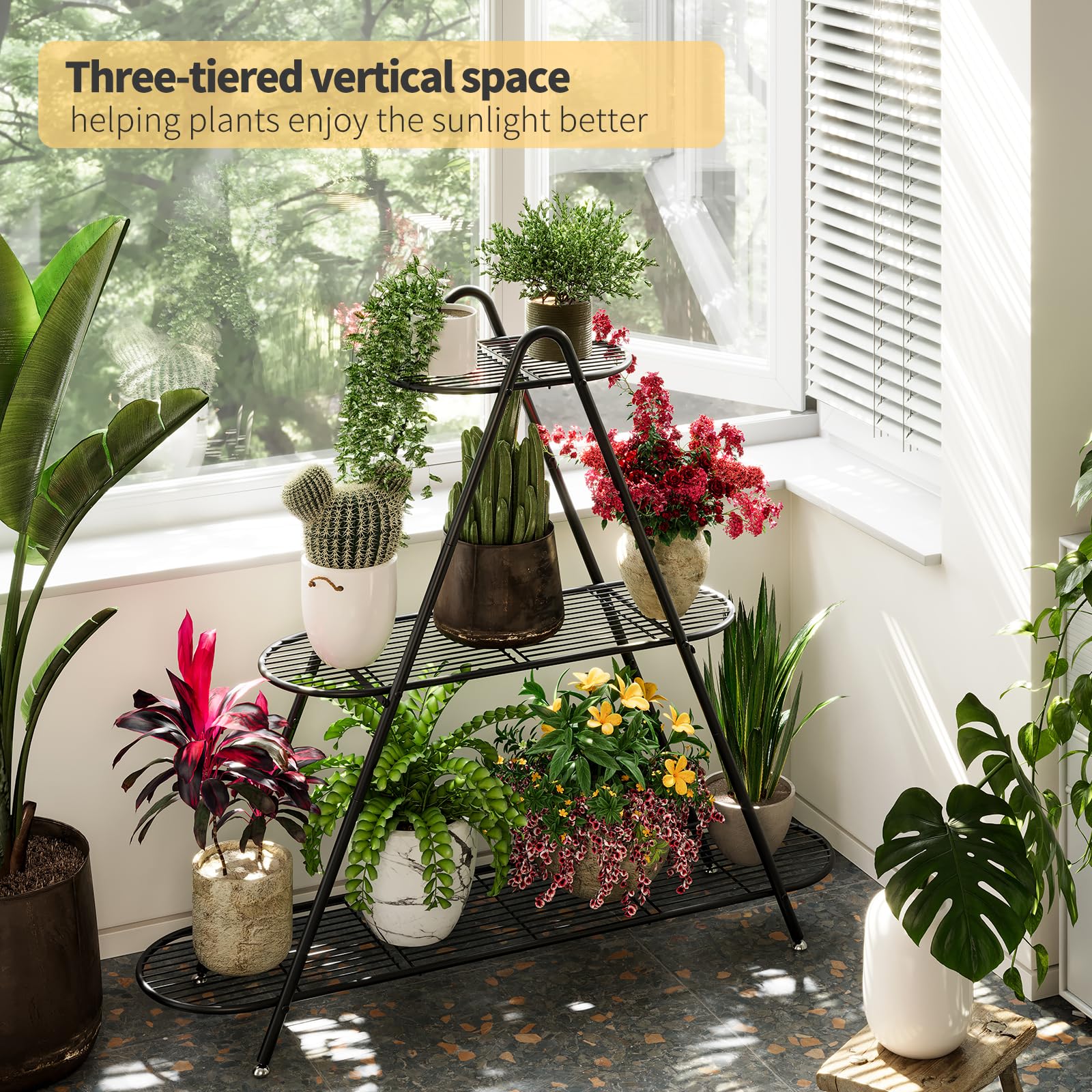 Furshus three-tier shelf loaded with varied pots maximizing vertical space benefit
