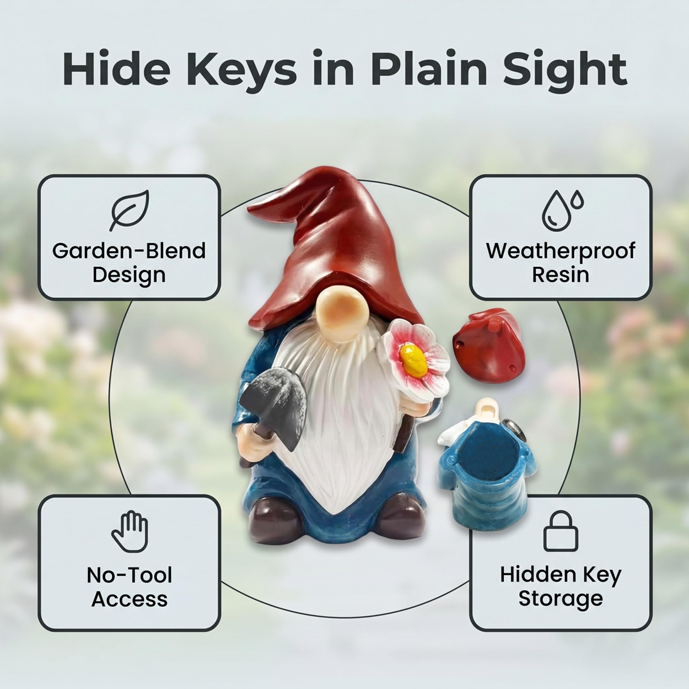 FURUBETA gnome placed in flowerbed blending into garden for discreet storage