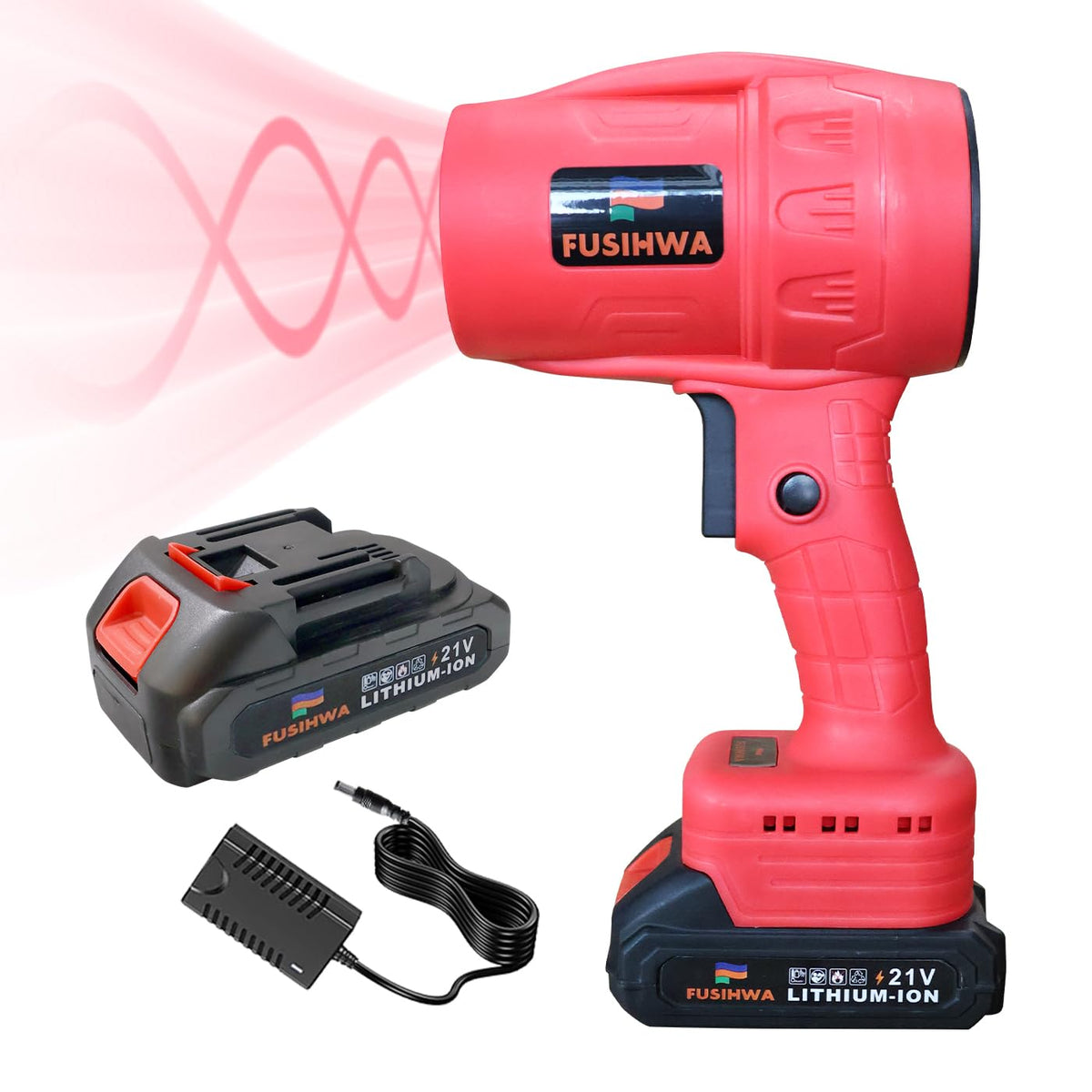 FUSIHWA front view of red blower showing compact design and fast cleanup benefit