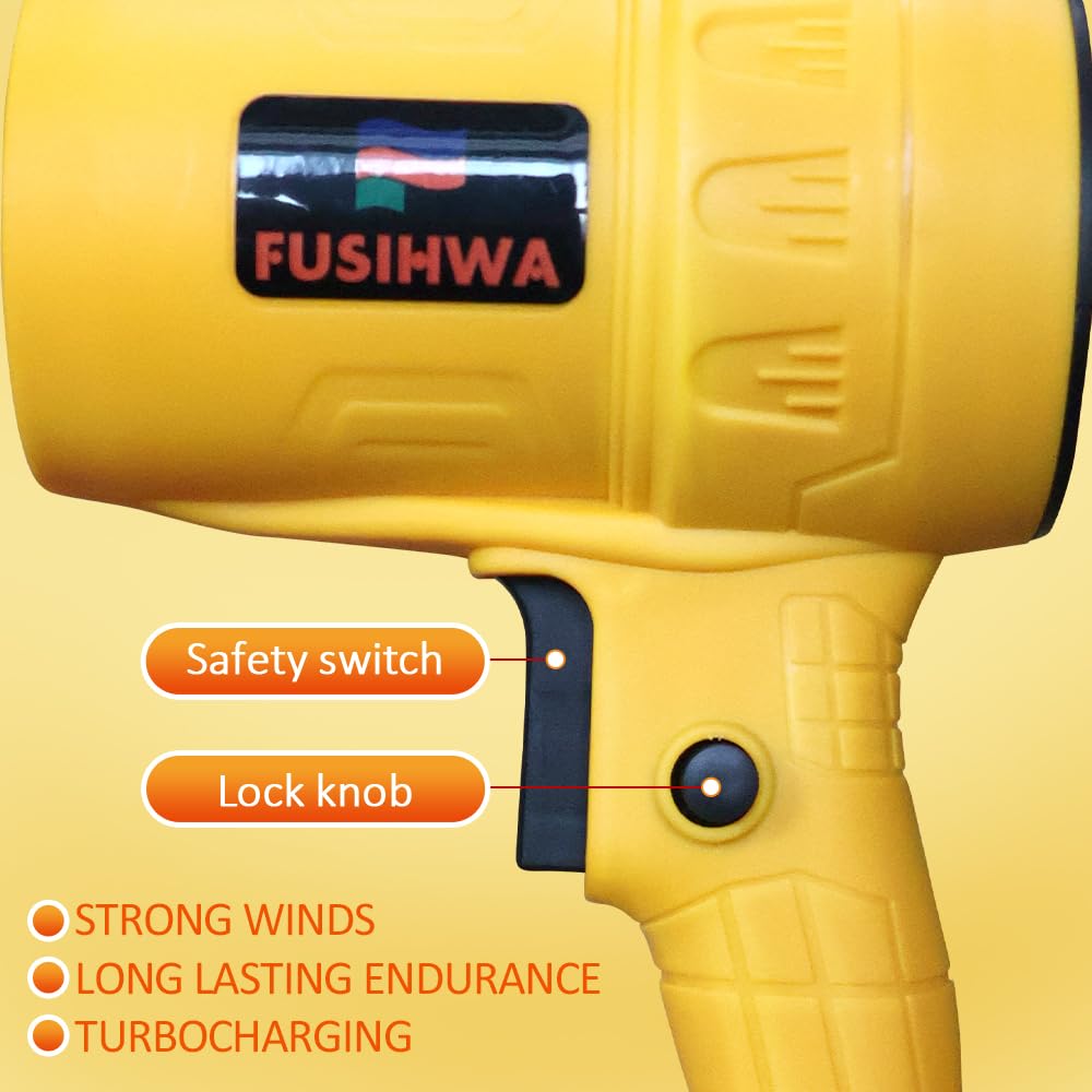 FUSIHWA blower held in hand to show compact size and easy storage