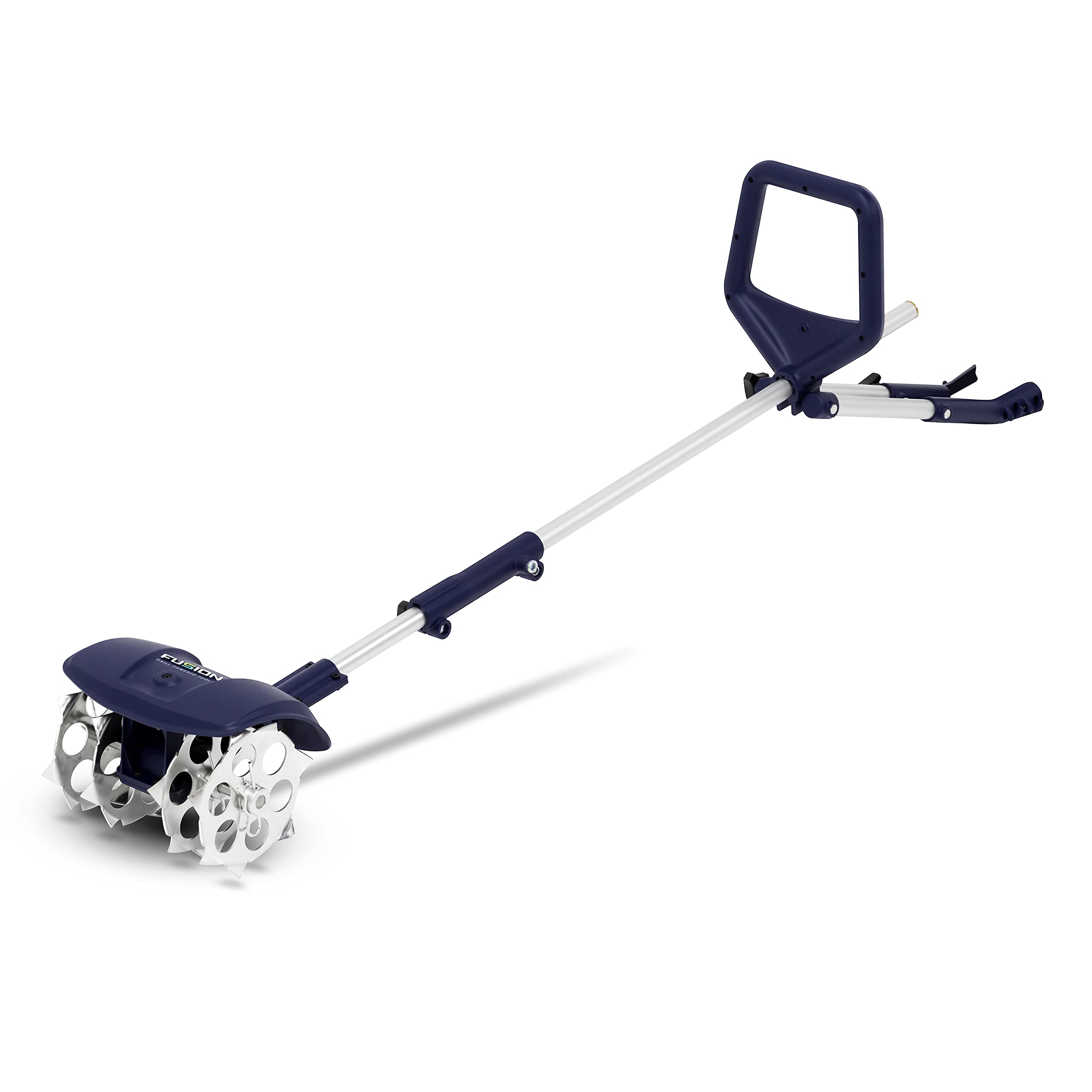 Fusion Drill Powered Tools front view showing compact cultivator and benefits of portability