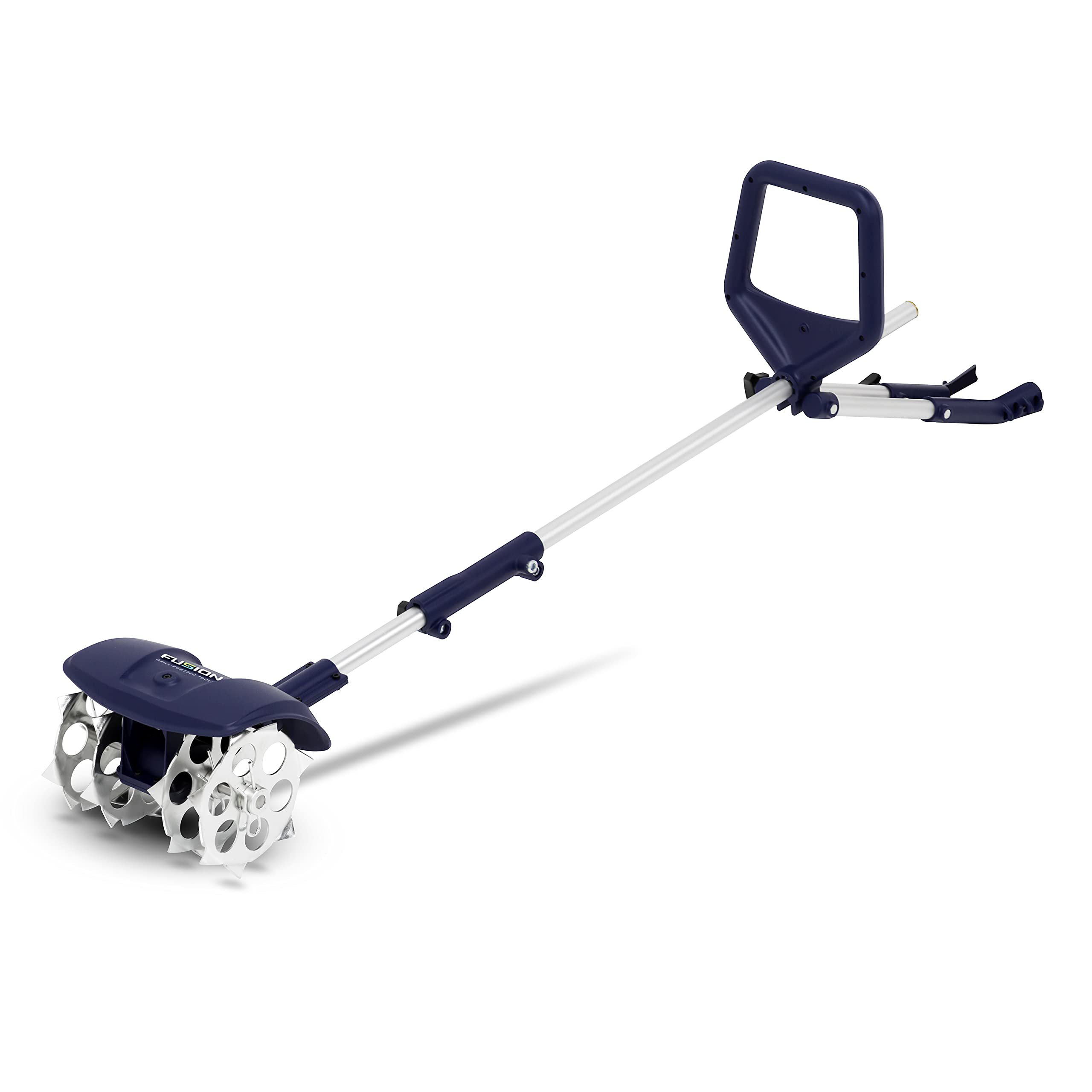 Fusion Drill Powered Tools front profile showing cultivator attached to drill for easy use
