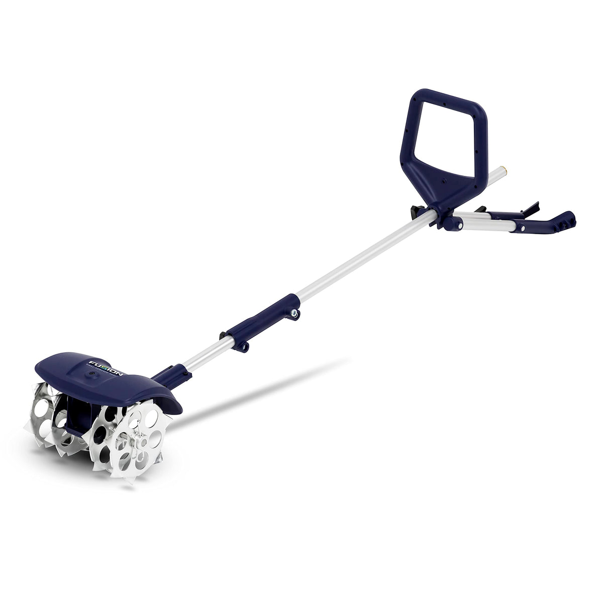 Fusion Drill Powered Tools front profile showing cultivator attached to drill for easy use