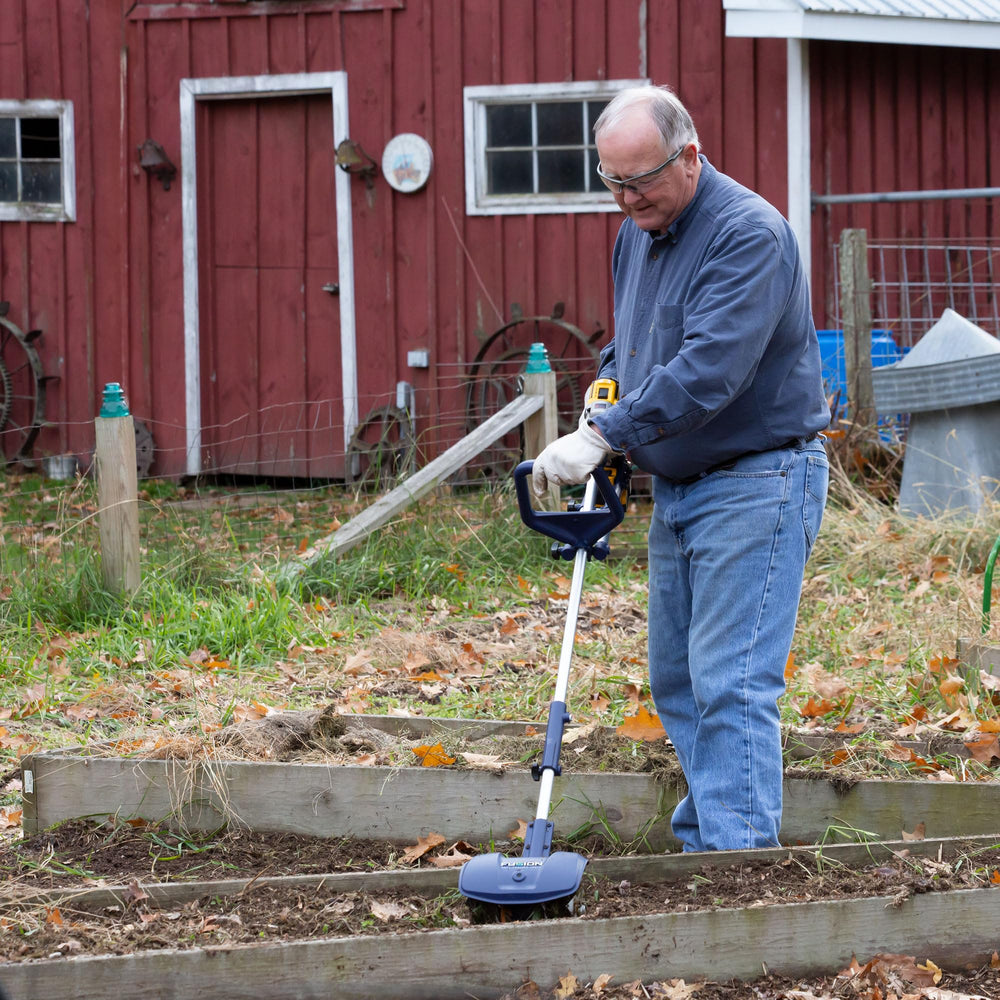 Fusion Drill Powered Tools full 51 inch length mode showing upright cultivating benefit