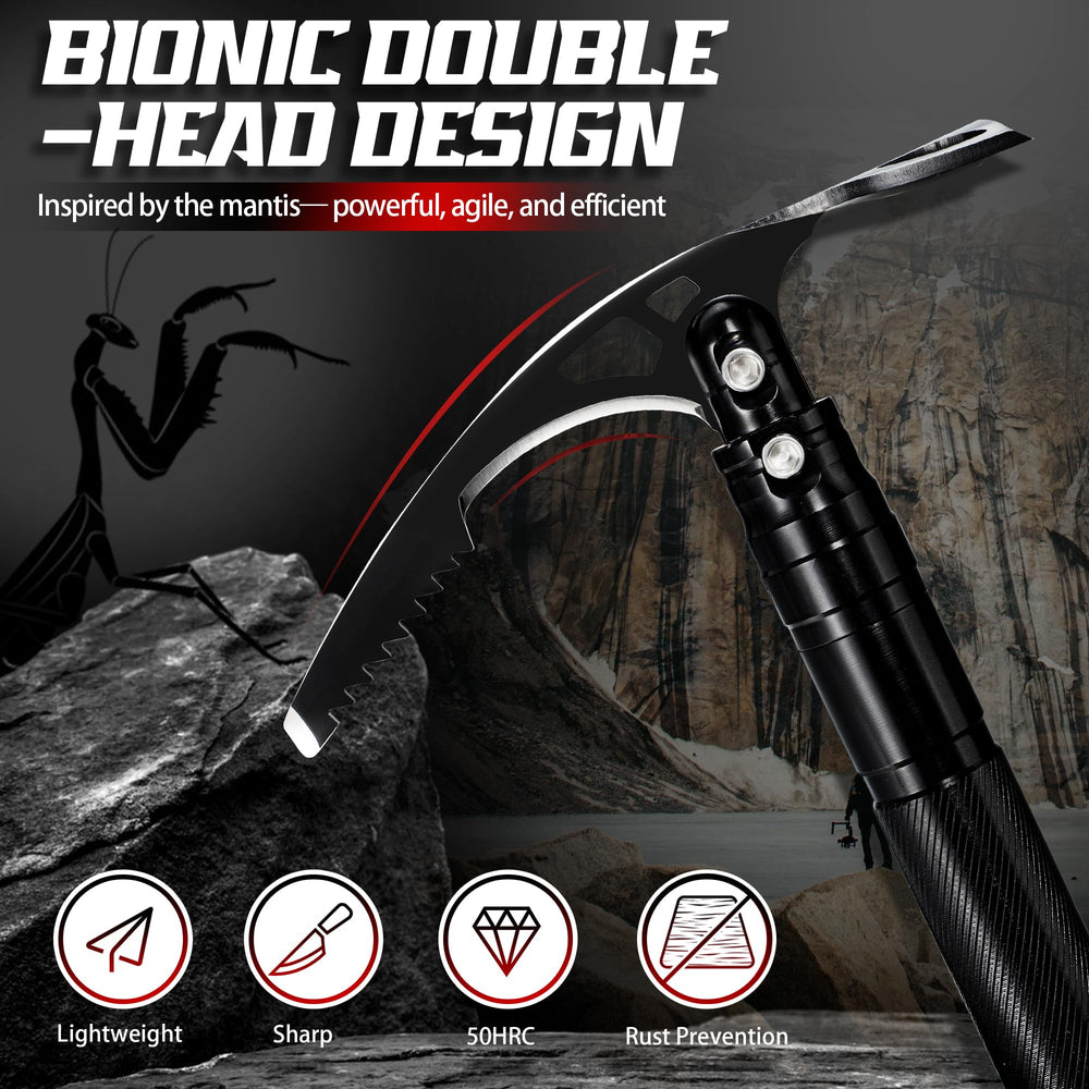 FUSIONKEI pick axe hoe close-up revealing curved blade for easy soil scooping