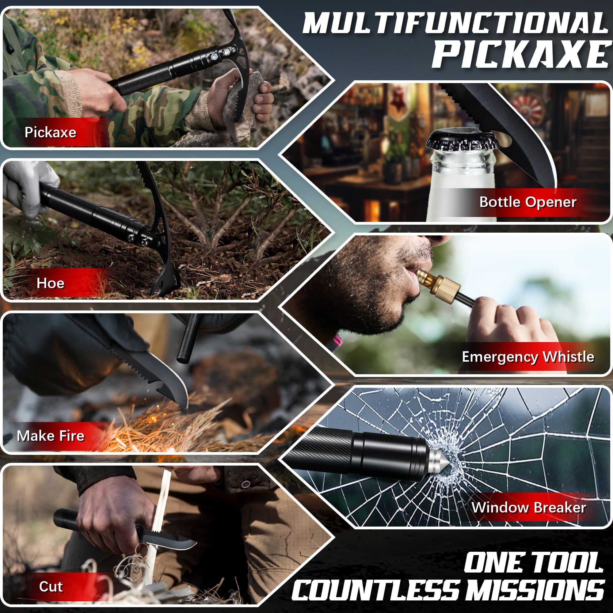 FUSIONKEI pick axe internal knife and whistle exposed for versatile survival benefit