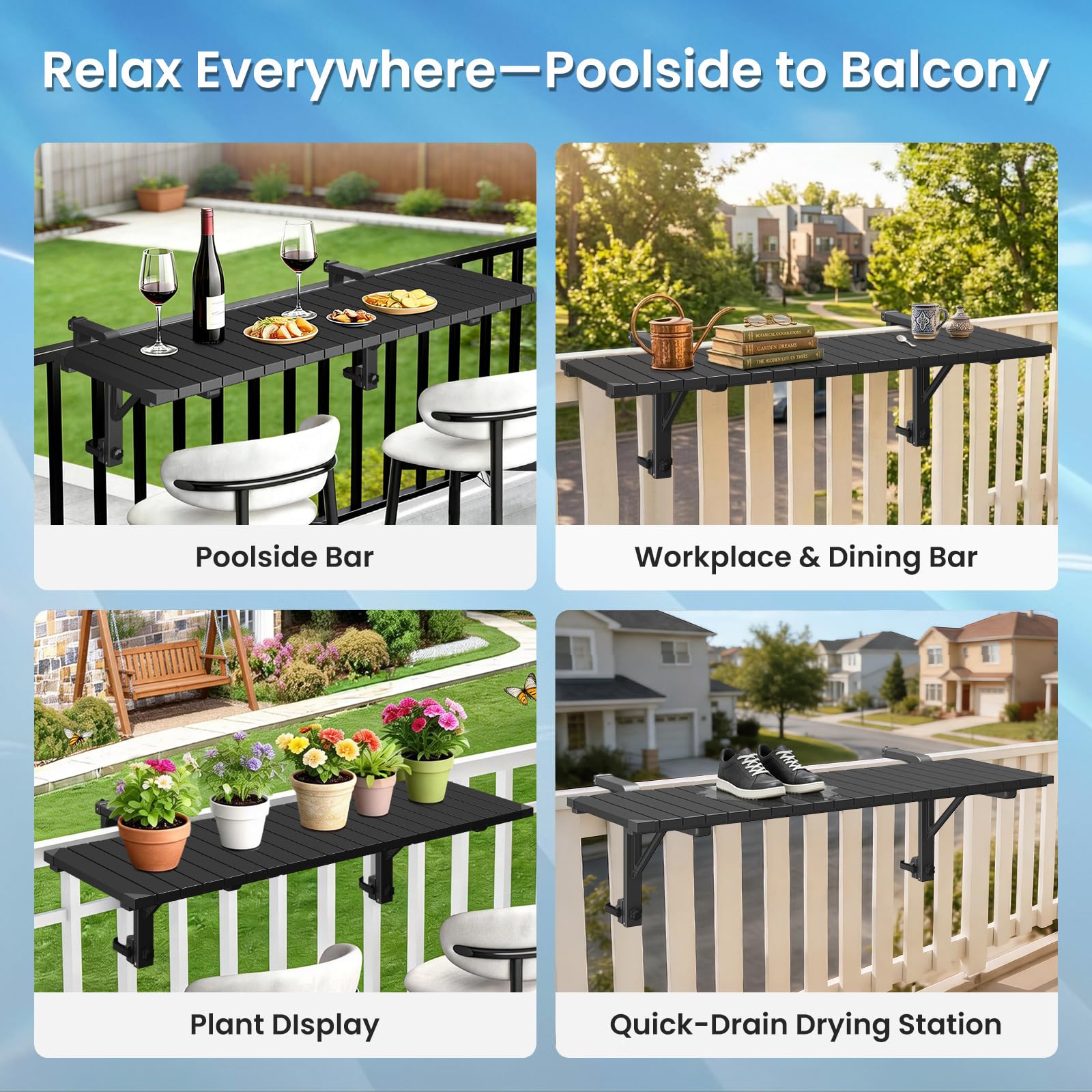 Future Way balcony setup showing multi-use rail table, extends outdoor living space