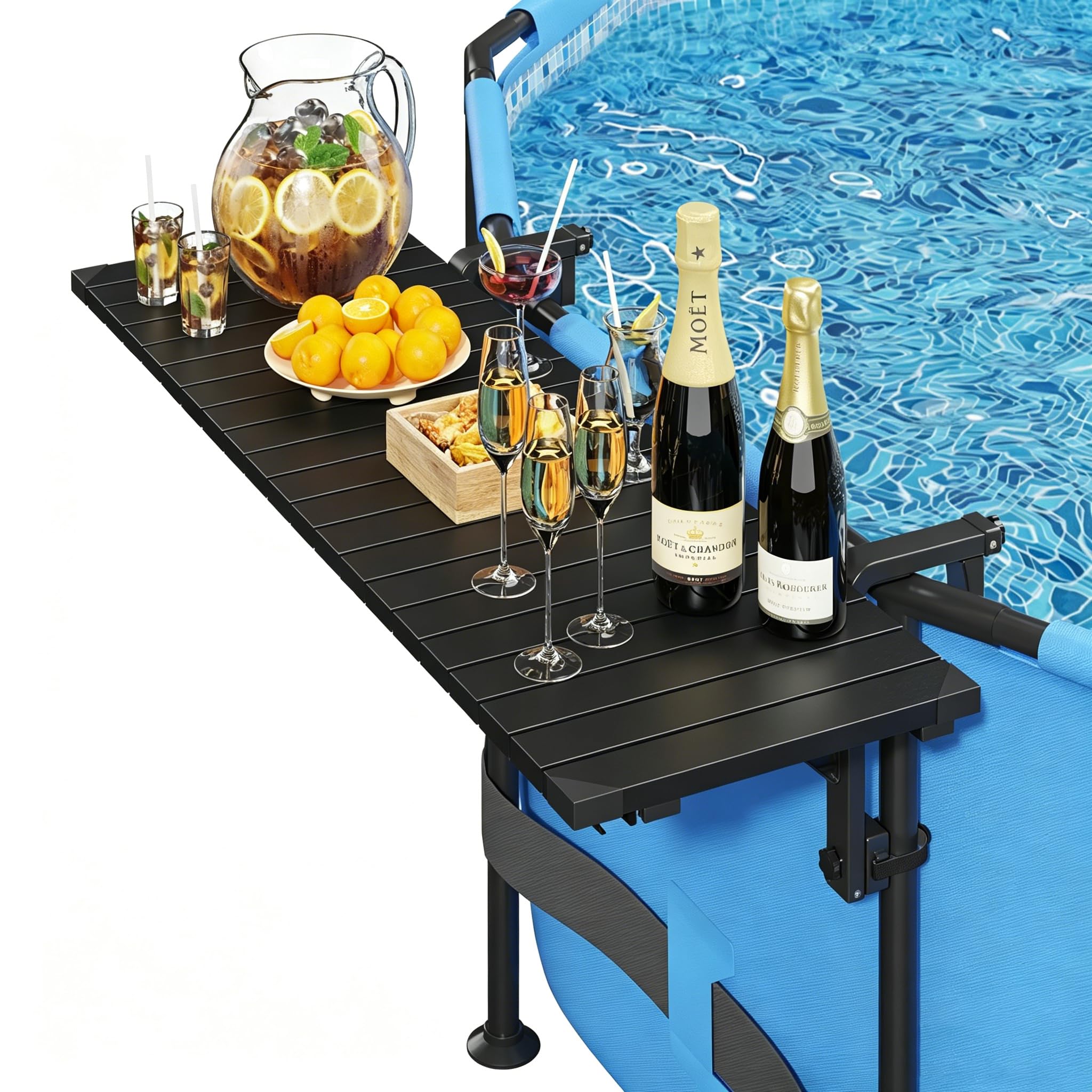 Future Way poolside bar front view showing full tabletop and frame, adds convenient surface