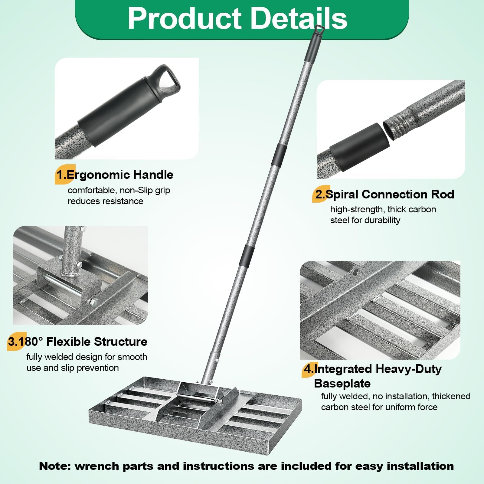 Fuuner long 57-inch handle shown for better reach and reduced bending while working