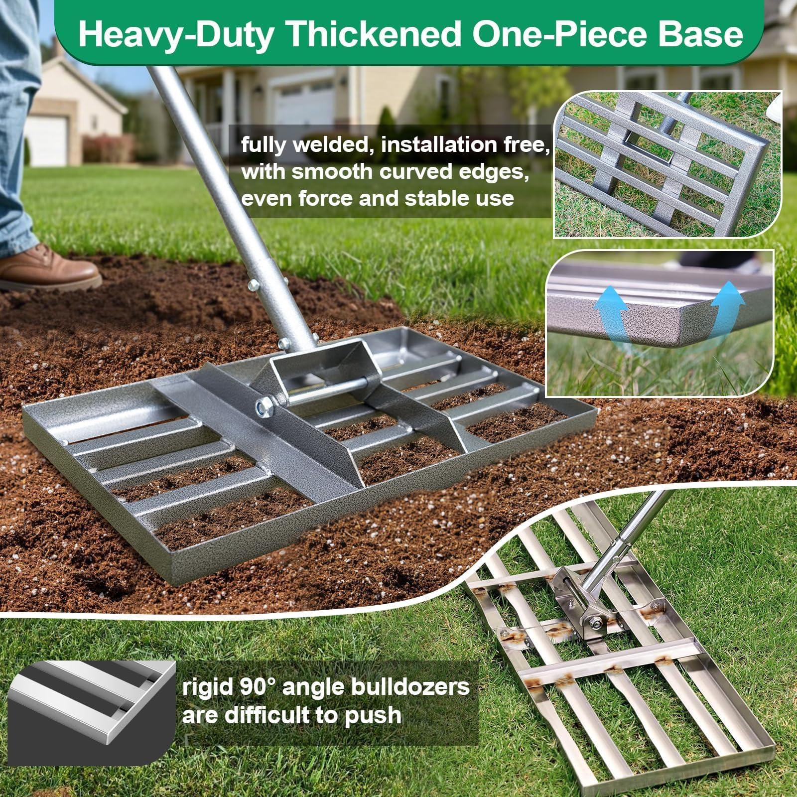 Fuuner rake in use spreading topsoil for faster, more even lawn repairs
